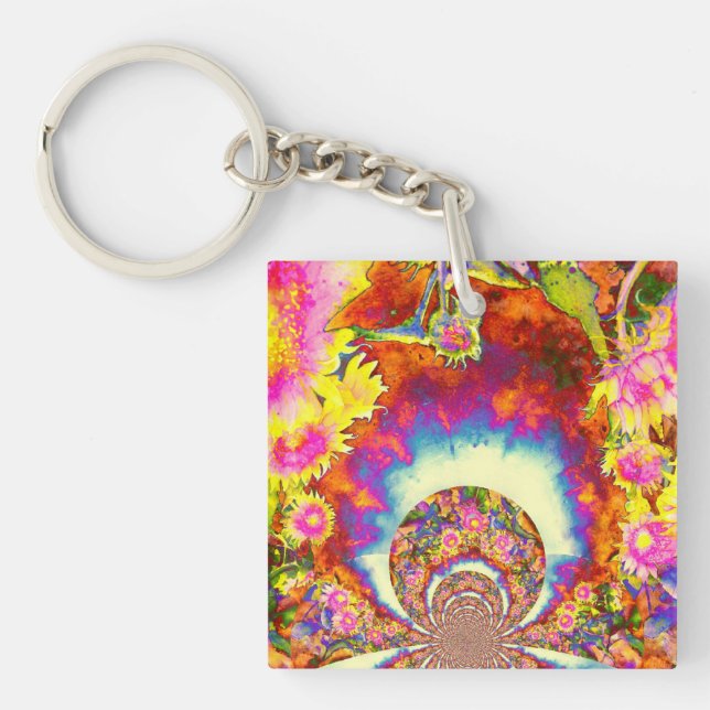 Elegant retro boho watercolor sunflower fields keychain (Front)