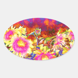 Elegant retro boho watercolor sunflower fields oval sticker