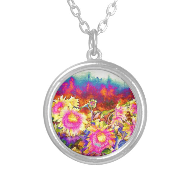 Elegant retro boho watercolor sunflower fields silver plated necklace (Front)