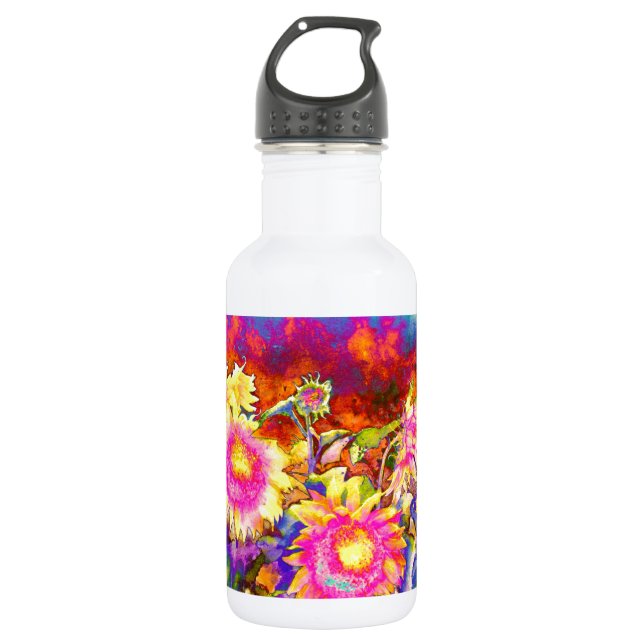 Elegant retro boho watercolor sunflower fields water bottle (Front)