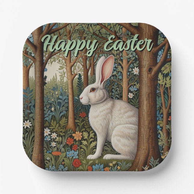 Elegant retro boho white rabbit woodland Easter Paper Plates (Front)