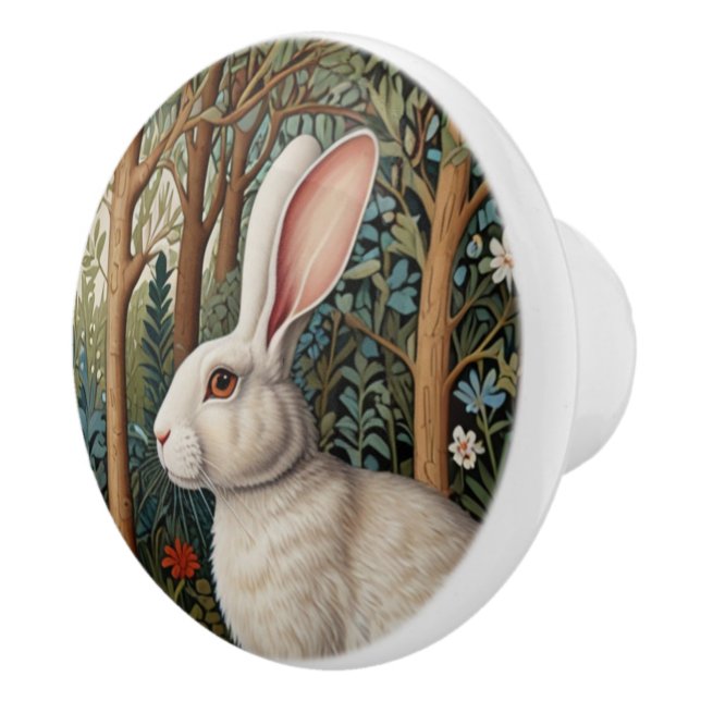 Elegant retro boho White rabbit woodland floral Ceramic Knob (Right)