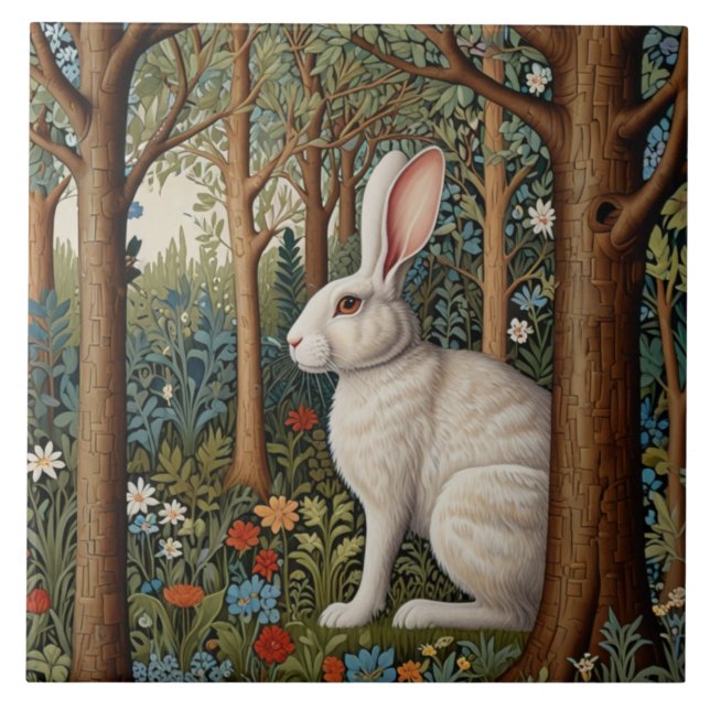 Elegant retro boho White rabbit woodland floral Ceramic Tile (Front)