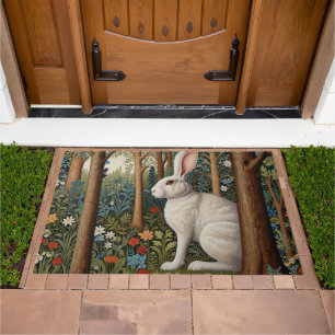 Elegant retro boho white rabbit woodland floral doormat