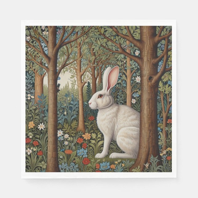 Elegant retro boho white rabbit woodland floral napkins (Front)