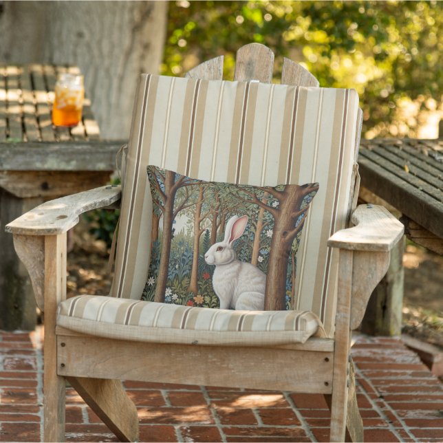 Elegant retro boho white rabbit woodland floral outdoor pillow (Chair)
