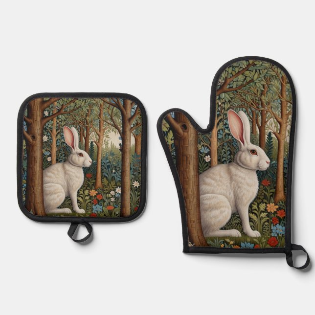Elegant retro boho white rabbit woodland floral oven mitt & pot holder set (Front)