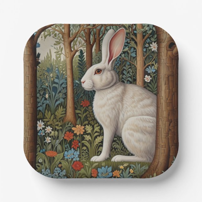 Elegant retro boho white rabbit woodland floral paper plates (Front)
