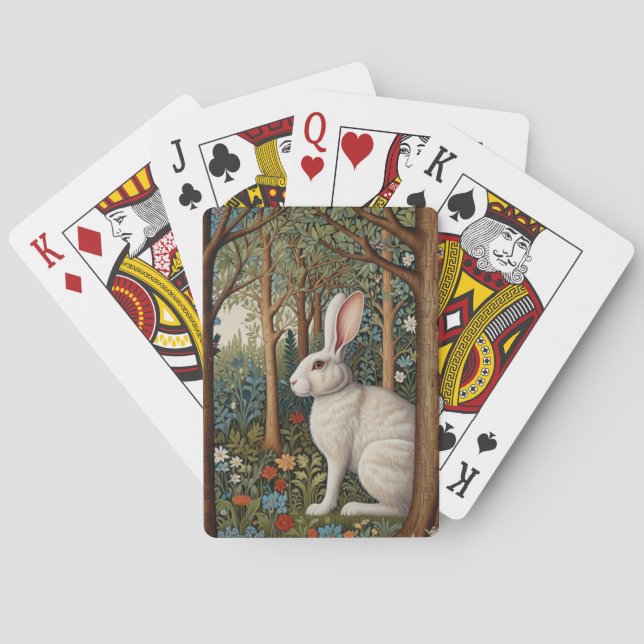 Elegant retro boho white rabbit woodland floral poker cards (Back)