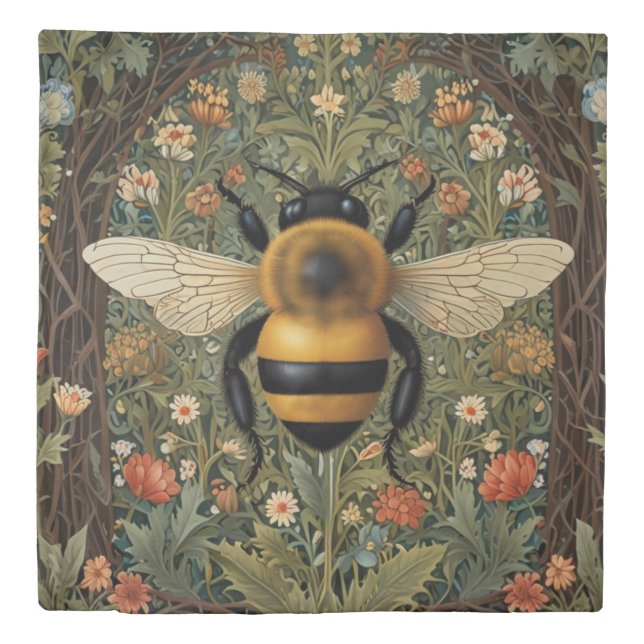 Elegant retro bumblebee boho botanical floral art duvet cover (Front)