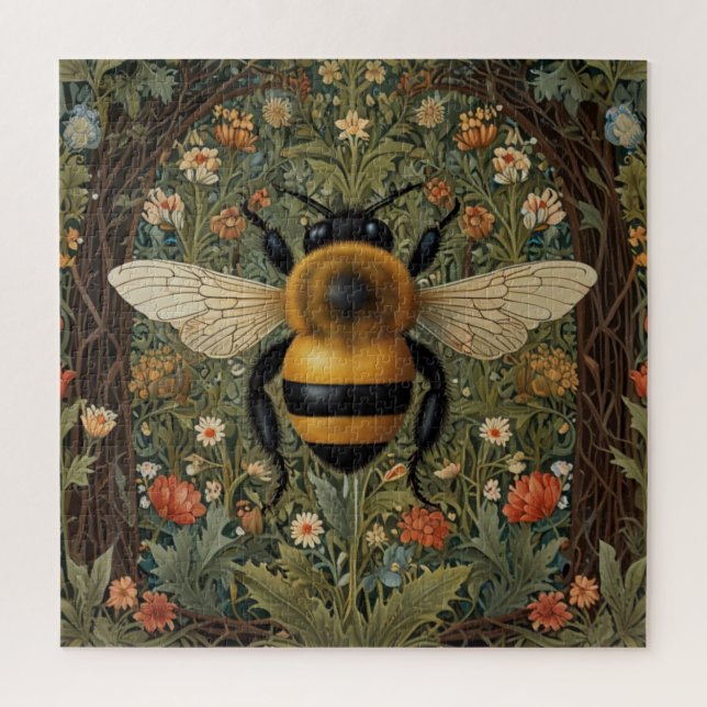 Elegant retro bumblebee boho botanical floral art jigsaw puzzle (Vertical)