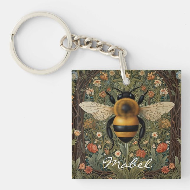 Elegant retro bumblebee boho botanical floral art keychain (Front)