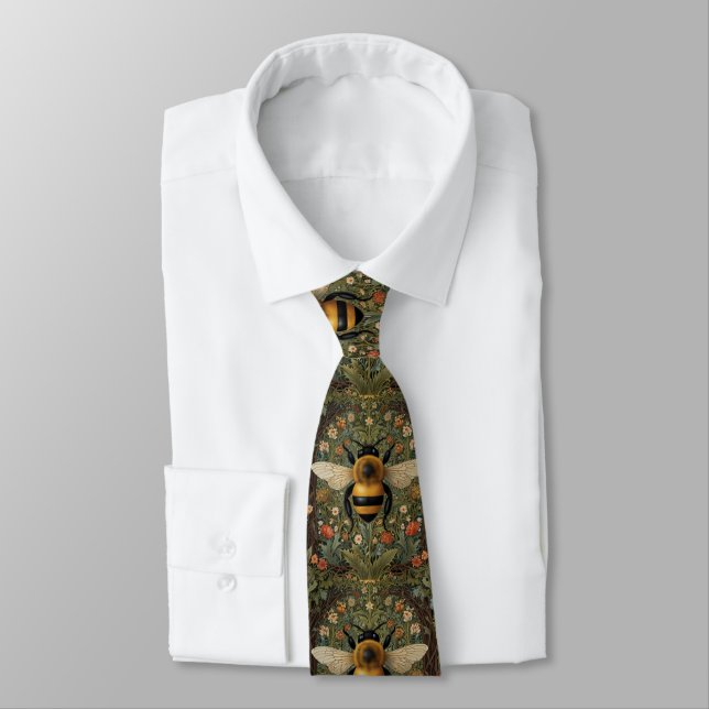 Elegant retro bumblebee boho botanical floral art neck tie (Tied)