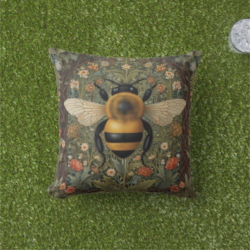 Elegant retro bumblebee boho botanical floral art outdoor pillow