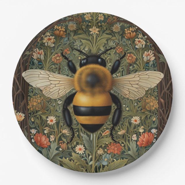 Elegant retro bumblebee boho botanical floral art paper plates (Front)
