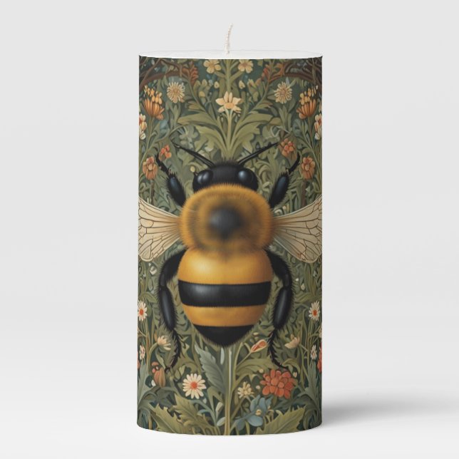 Elegant retro bumblebee boho botanical floral art pillar candle (Front)