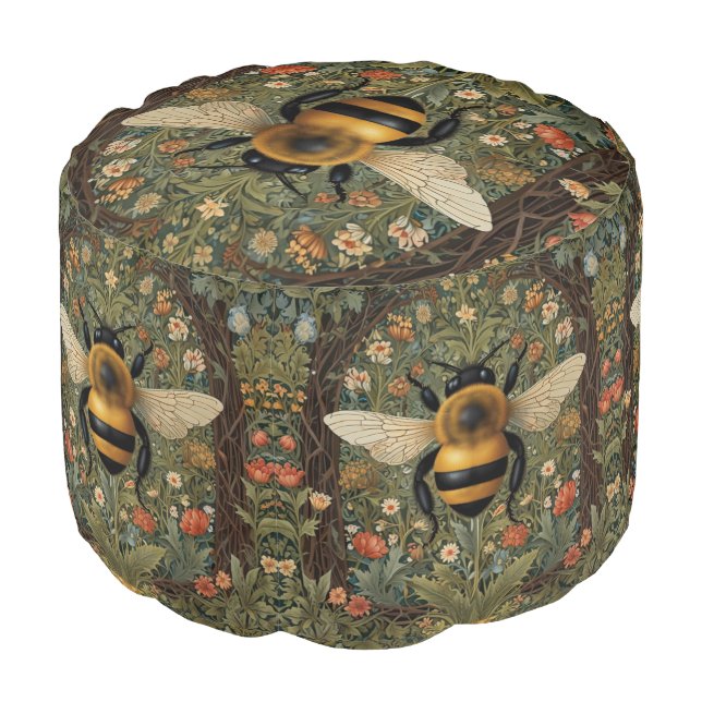 Elegant retro bumblebee boho botanical floral art pouf (Angled Front)