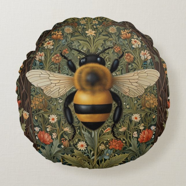 Elegant retro bumblebee boho botanical floral art round pillow (Front)