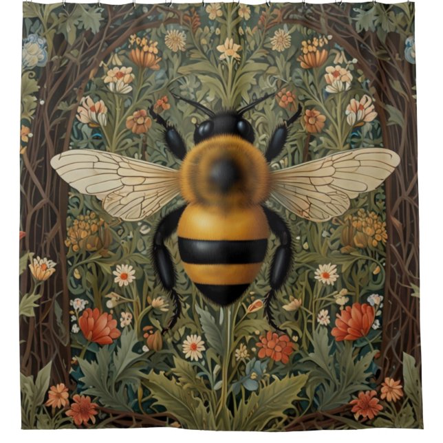 Elegant retro bumblebee boho botanical floral art shower curtain (Front)