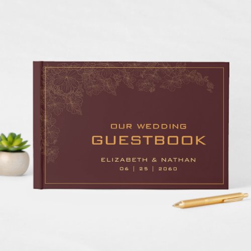 Elegant Retro Burgundy Gold Wedding Quote Guest Book