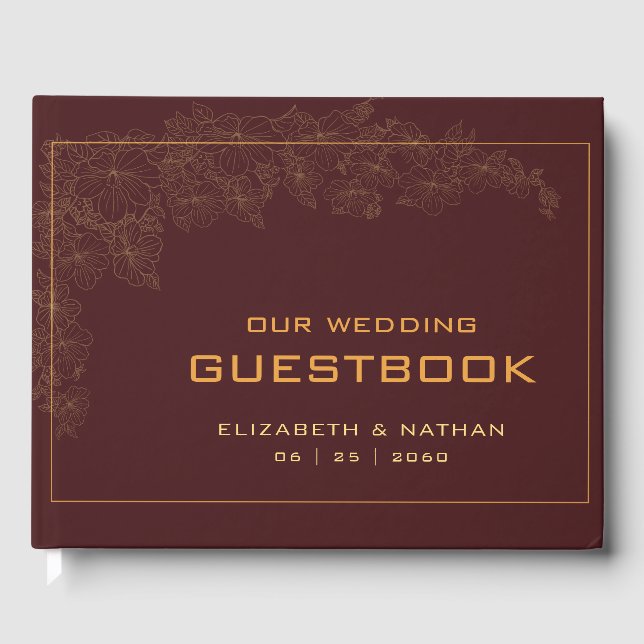 Elegant Retro Burgundy Gold Wedding Quote Guest Book (Front)