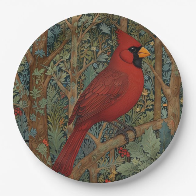 Elegant Retro Cardinal Art Nouveau red bird  Paper Plates (Front)
