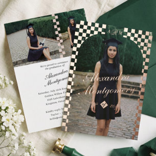 Elegant Retro Checkered Arch Grad Photo Graduation Foil Invitation