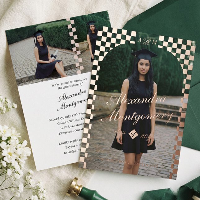 Elegant Retro Checkered Arch Grad Photo Graduation Foil Invitation (Elegant Retro Checkered Arch Grad Photo Graduation Announcement)