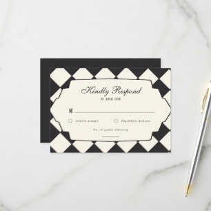 Elegant Retro Checkered Black And Cream Wedding RSVP Card