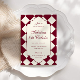 Elegant Retro Checkered Burgundy Wedding Invitation