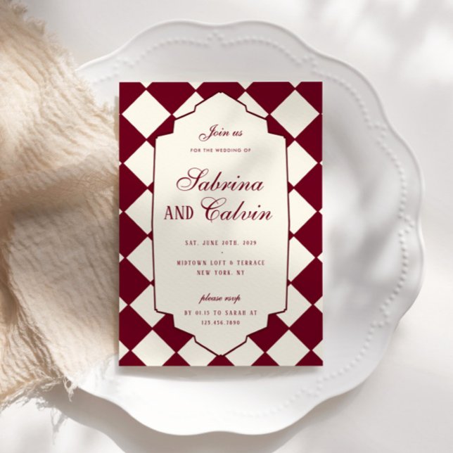 Elegant Retro Checkered Burgundy Wedding Invitation (Creator Uploaded)