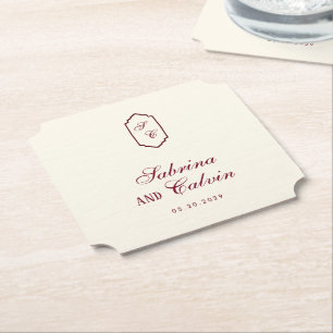 Elegant Retro Checkered Burgundy Wedding Paper Coaster