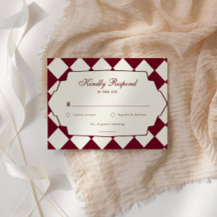 Elegant Retro Checkered Burgundy Wedding RSVP Card
