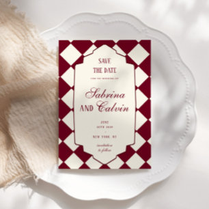 Elegant Retro Checkered Burgundy Wedding Save The Date
