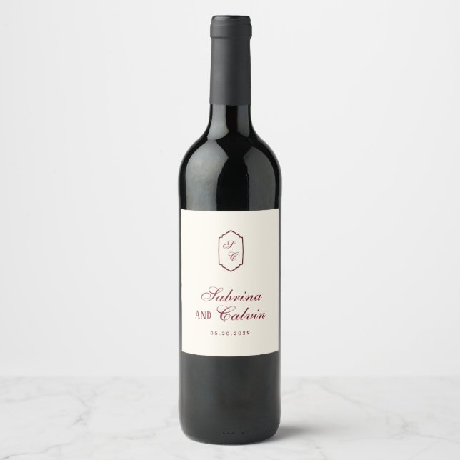 Elegant Retro Checkered Burgundy Wedding Wine Label (Front)