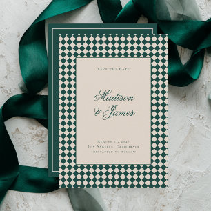 Elegant Retro Checkered Green Beige Wedding Save The Date