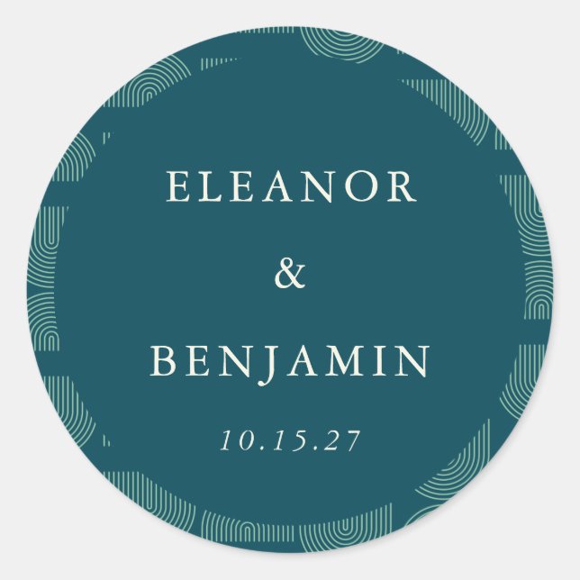 Elegant Retro Chic Arch Teal Blue Custom Wedding Classic Round Sticker (Front)