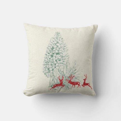 Elegant Retro Christmas Pine Tree Reindeers Throw Pillow