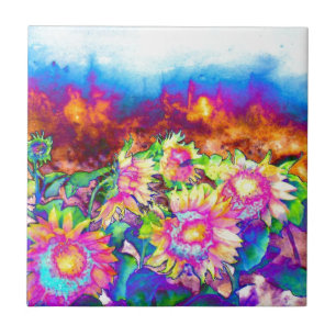 Elegant retro colorful abstract Sunflower fields Ceramic Tile