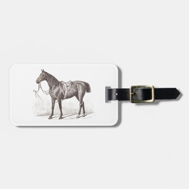 Elegant retro equestrian horse engraving luggage tag (Front Horizontal)