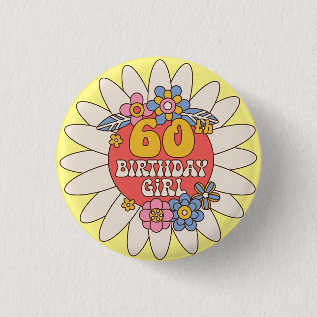 Elegant Retro Floral 60th Birthday Girl Button (Front)