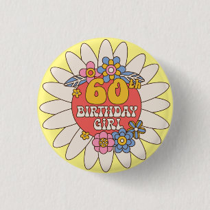 Elegant Retro Floral 60th Birthday Girl Button