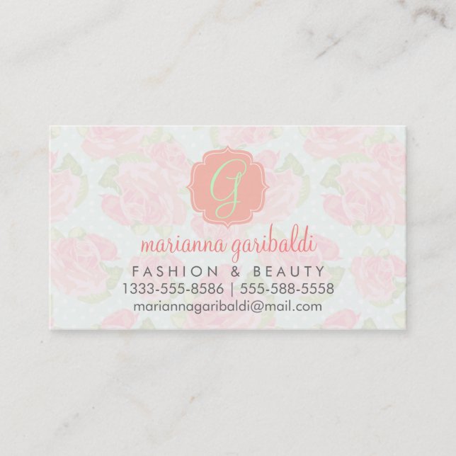 Elegant Retro Floral Pink Mint Girly Personalized Business Card (Front)