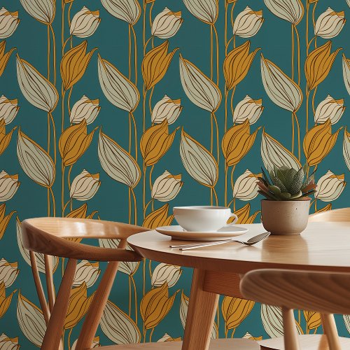 Elegant Retro Floral Wallpaper in Teal and Mustard Wallpaper