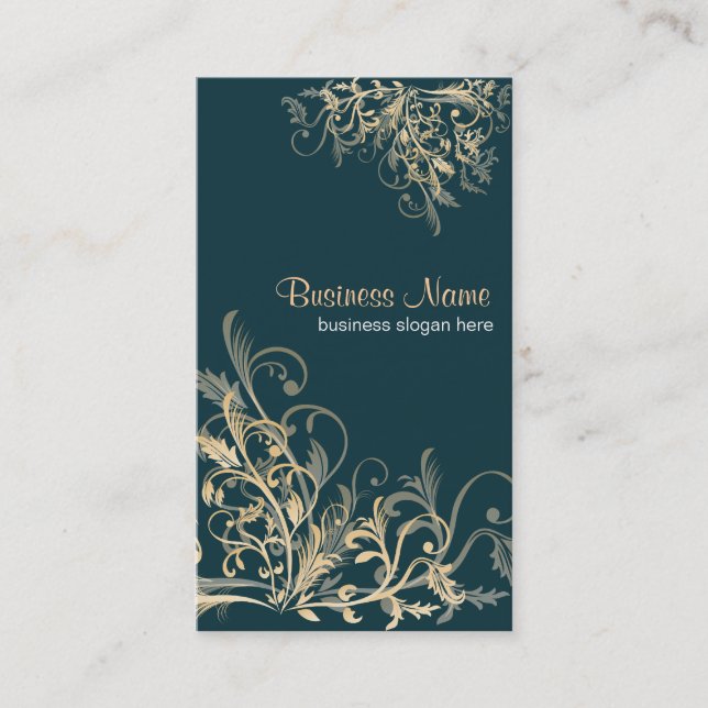 Elegant Retro Gold Flower Swirls 5 Business Card (Front)