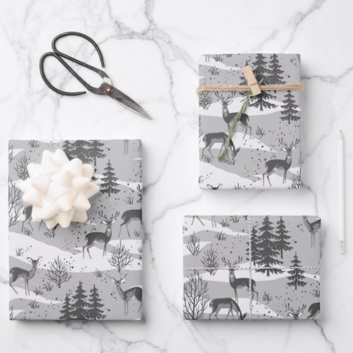 Elegant Retro Gray Woodland Deer Wrapping Paper Sheets