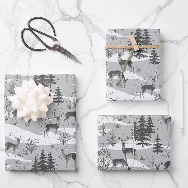 Elegant Retro Gray Woodland Deer Wrapping Paper Sheets (Front)