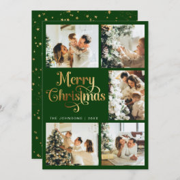 Elegant Retro Green & Faux Gold Christmas Family Holiday Card