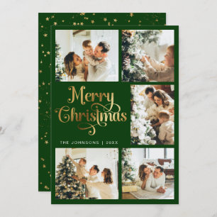 Elegant Retro Green & Faux Gold Christmas Family Holiday Card