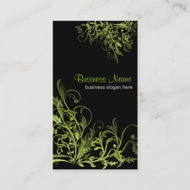 Elegant Retro Green Flower Swirls 2 Business Card (Front)